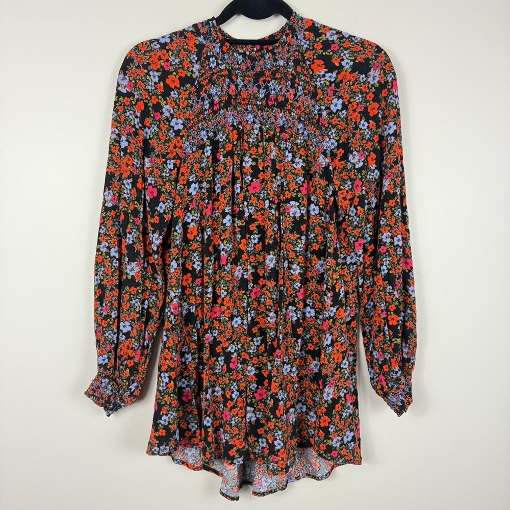 Free People Top Flowers in her Hair Smock Tunic Shirt Women Small Red Black Boho